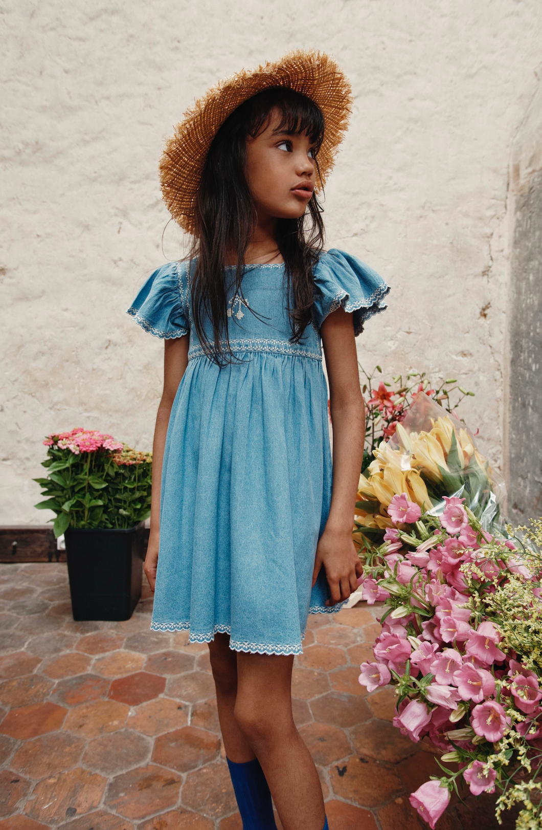 emile et ida denim dress Short cotton denim dress with lavallire collar